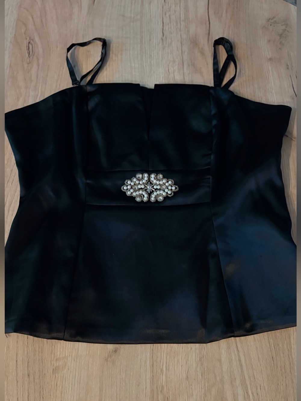 Venus Black Satin Corset Bustier Top Pear Rhinestone Accent Size 10